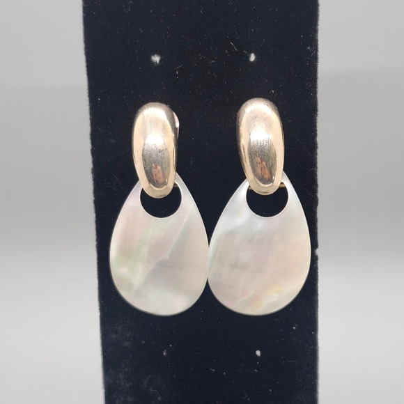 Jewelry - Gold Tone Clip On Drop Earrings 1.75" Mother of Pearl Dangle Statement